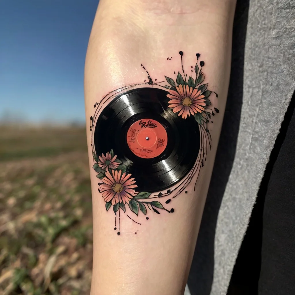 A vinyl record tattoo with pink flowers and green leaves, intertwined with dynamic ink splatters around it.