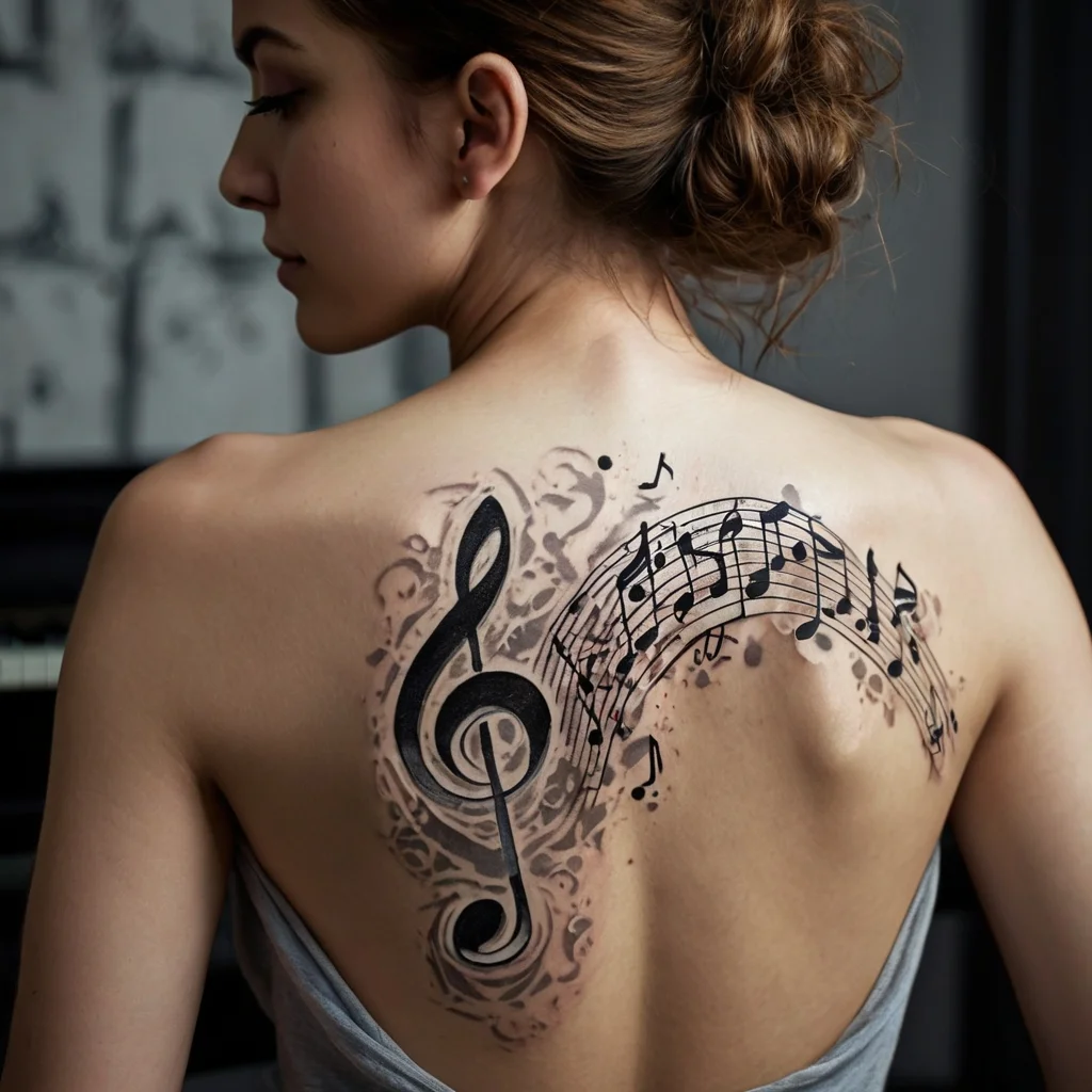 Musical tattoo featuring a large treble clef and flowing staff with notes on a woman's back, blending into abstract swirls.