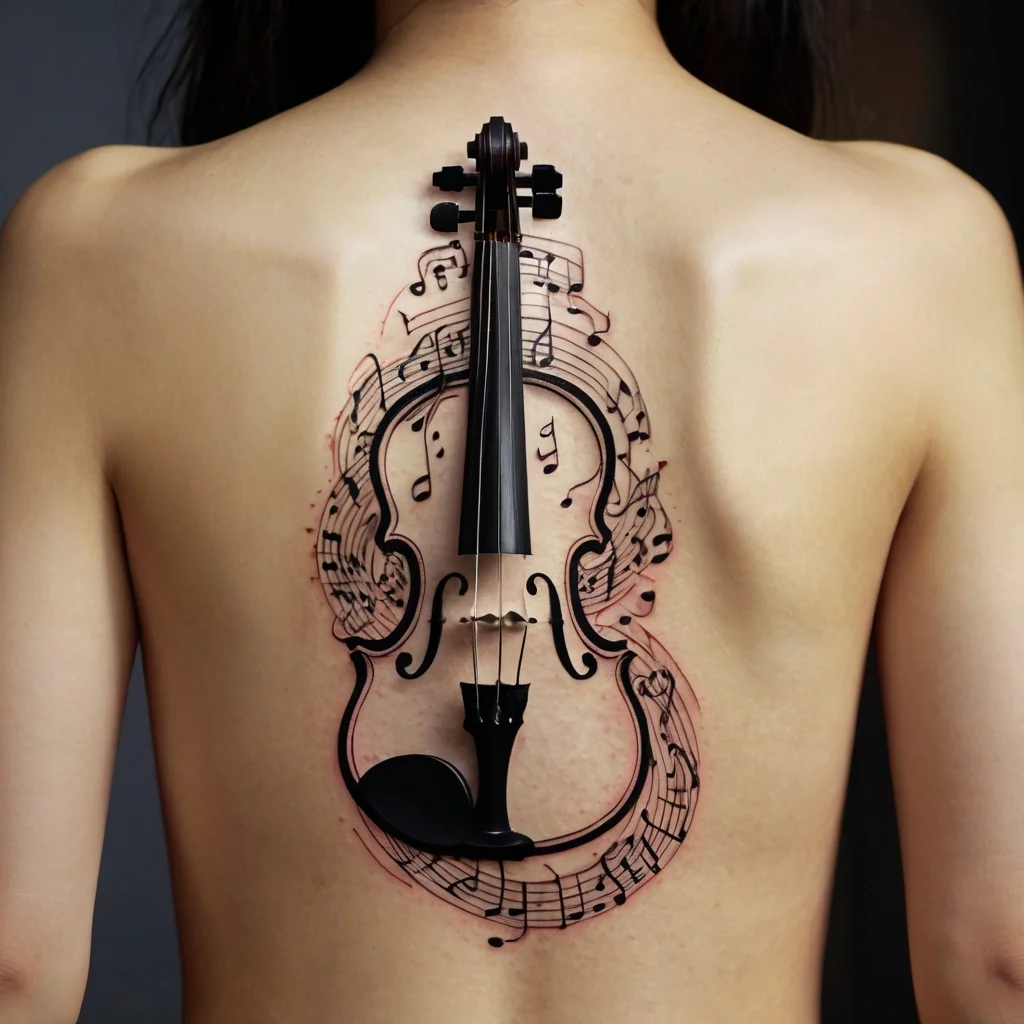 Violin tattoo with swirling musical notes on back, blending lifelike detail with musical passion and artistic expression.