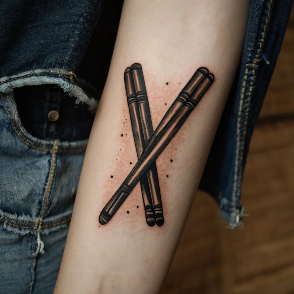 Tattoo of crossed drumsticks with black shading and dotwork accents, symbolizing rhythm and music on the forearm.