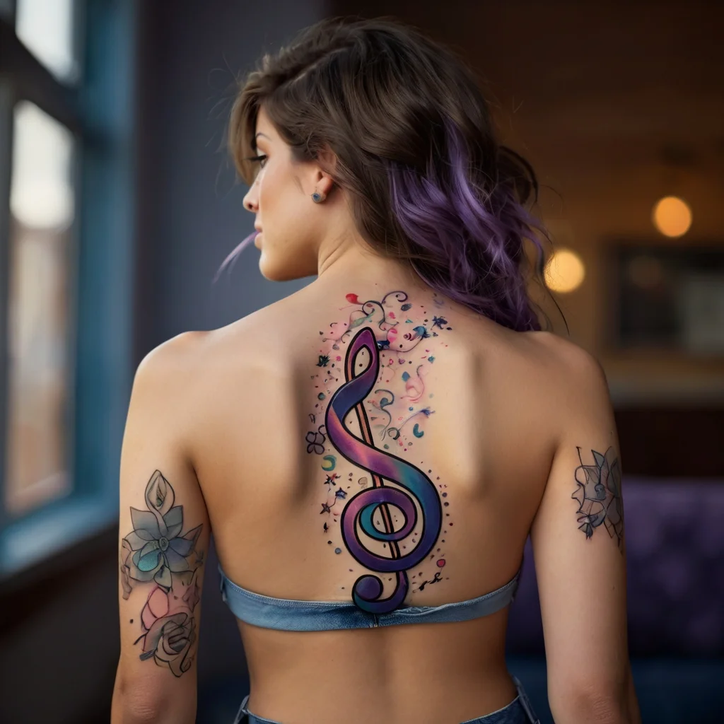 Back tattoo of a colorful treble clef, adorned with swirling florals and abstract splashes, symbolizing music and creativity.