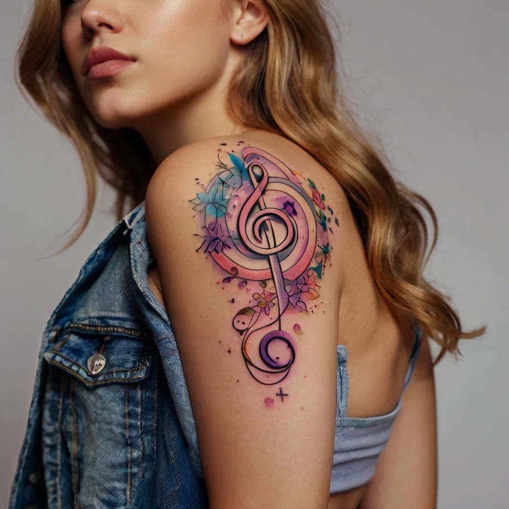 Colorful treble clef tattoo on shoulder with watercolor florals and abstract accents, blending music and art vibrantly.