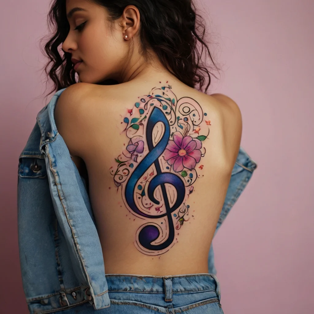 A colorful treble clef tattoo adorned with musical notes and vibrant flowers on a woman's back, symbolizing musical passion.