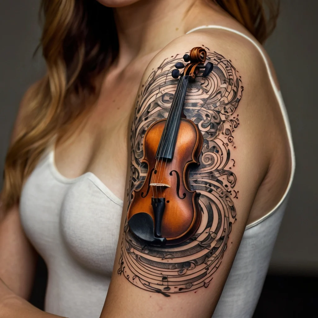 Tattoo of a realistic violin on the shoulder, surrounded by swirling musical notes and abstract lines.