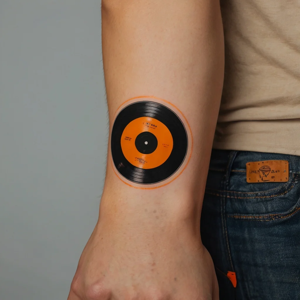 A realistic vinyl record tattoo in black and orange on the forearm, symbolizing a love for music and nostalgia.