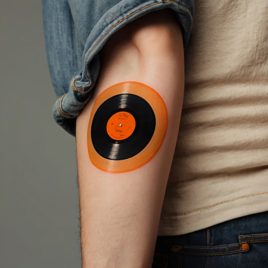 Tattoo of a vinyl record with an orange center, inked on an arm. It symbolizes a love for music and nostalgia.