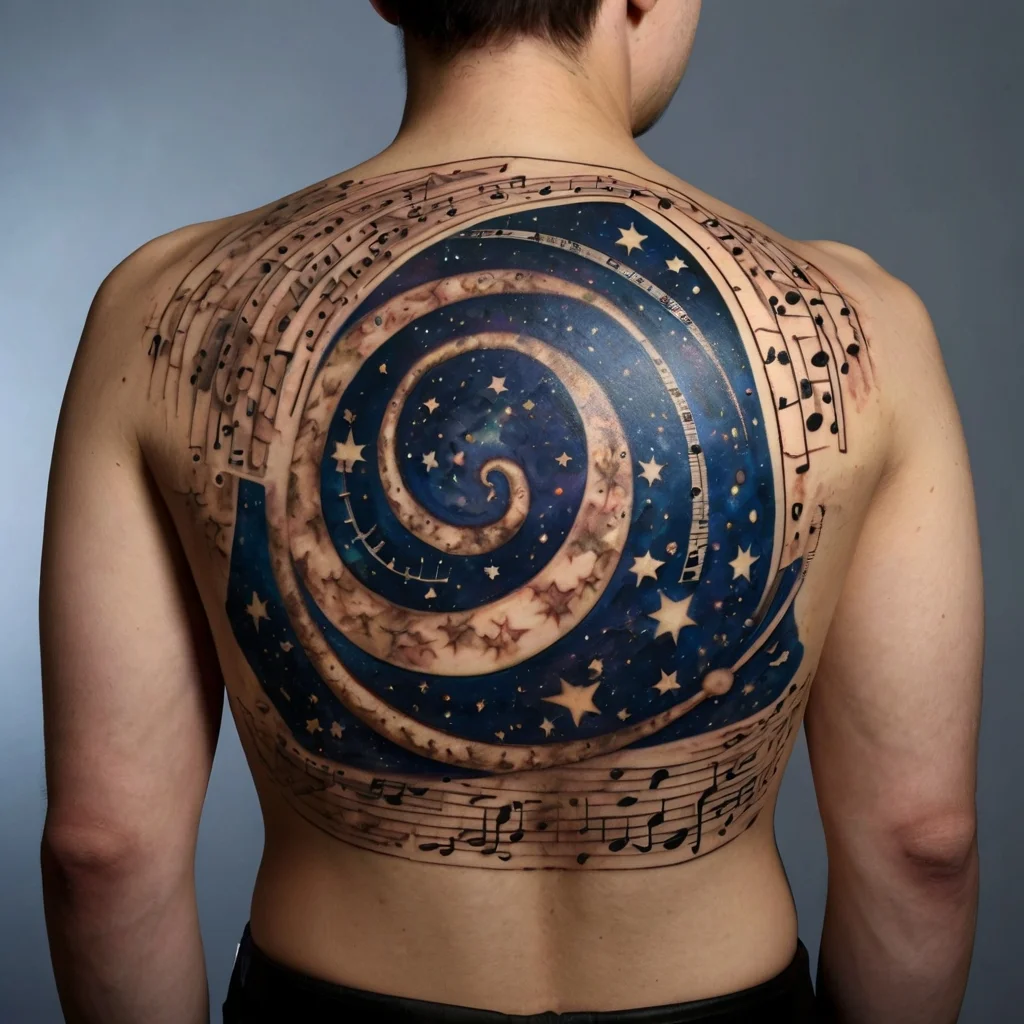 A cosmic spiral tattoo adorned with stars, set within swirling sheet music across the back, blending art and space.