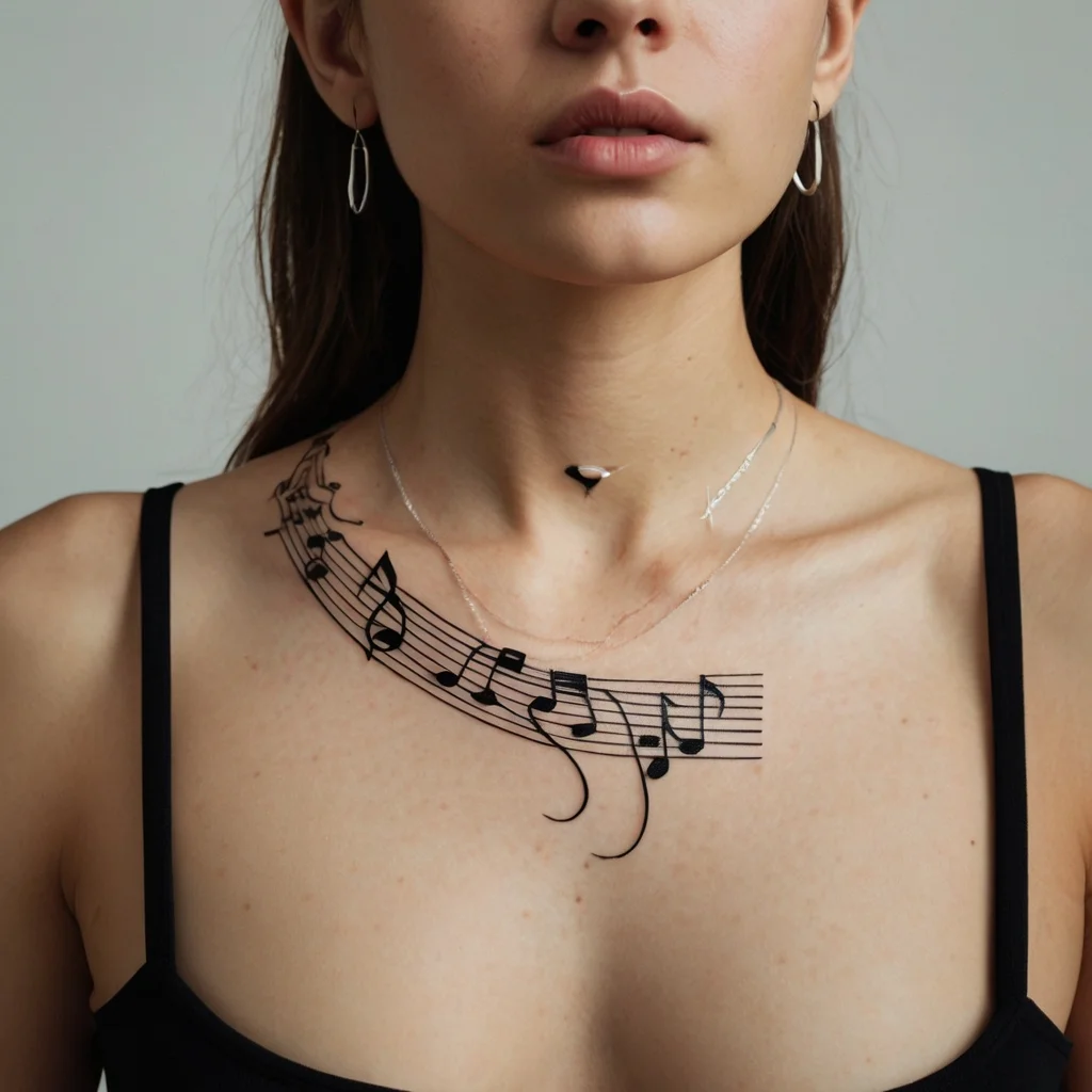 Curved musical notes and staff line tattoo across the collarbone, emphasizing a flowing melody.