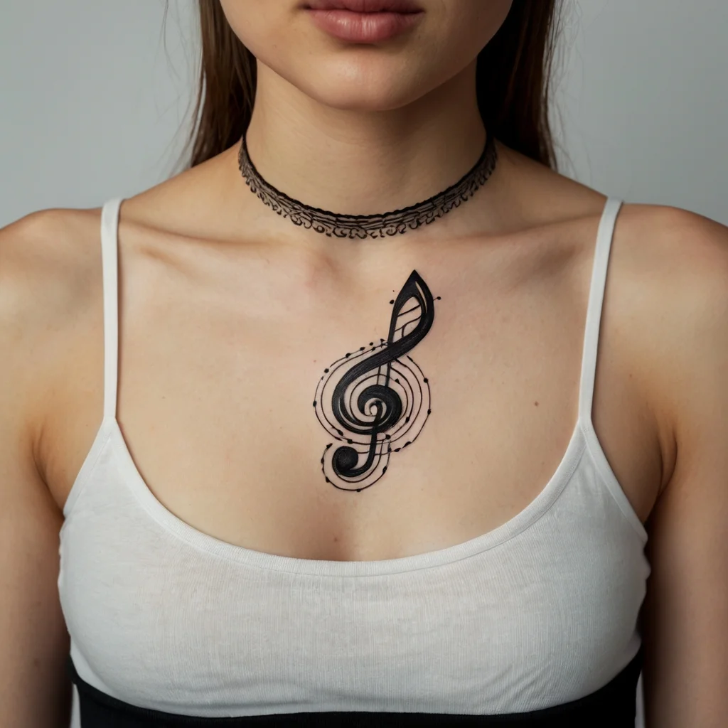 Tattoo design: Large black treble clef with circular lines and dots at the center of the chest, above a white tank top.