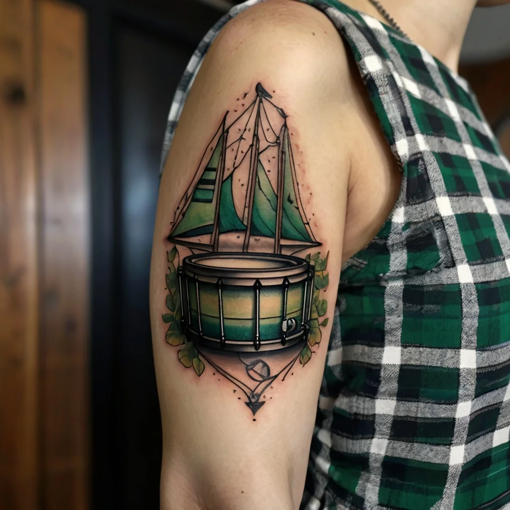 Tattoo of a green drum with a sailboat on top, surrounded by leaves, blending music and nautical themes.