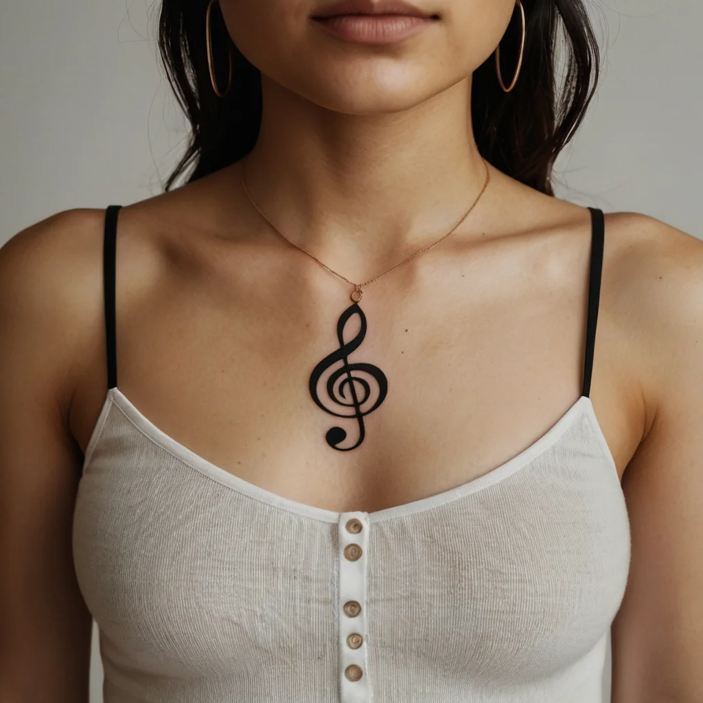 Tattoo of a bold black treble clef centered on the chest, symbolizing a deep love for music and creativity.