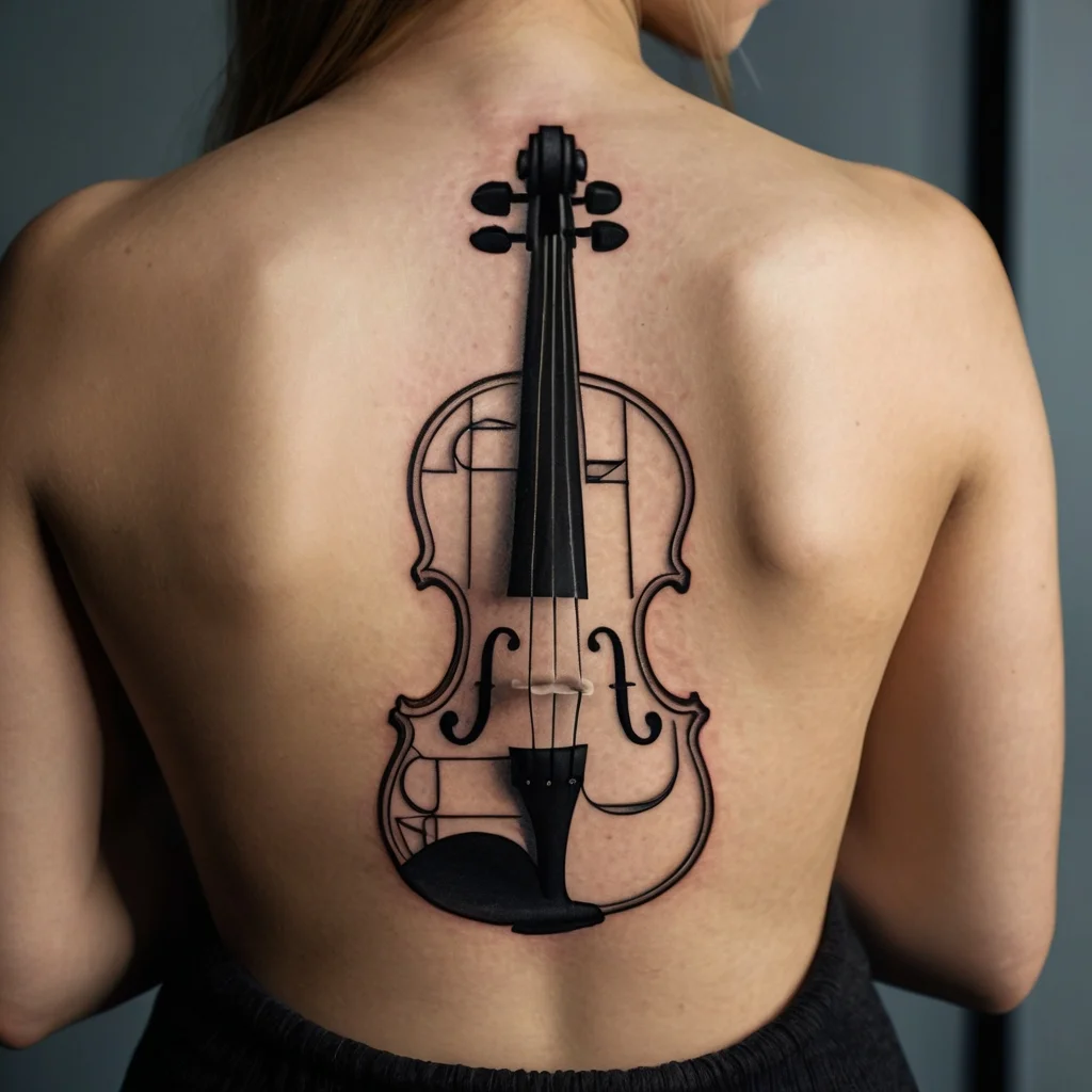 Tattoo of a violin on a back; intricate line work with bold black ink, showcasing musical passion and elegance.