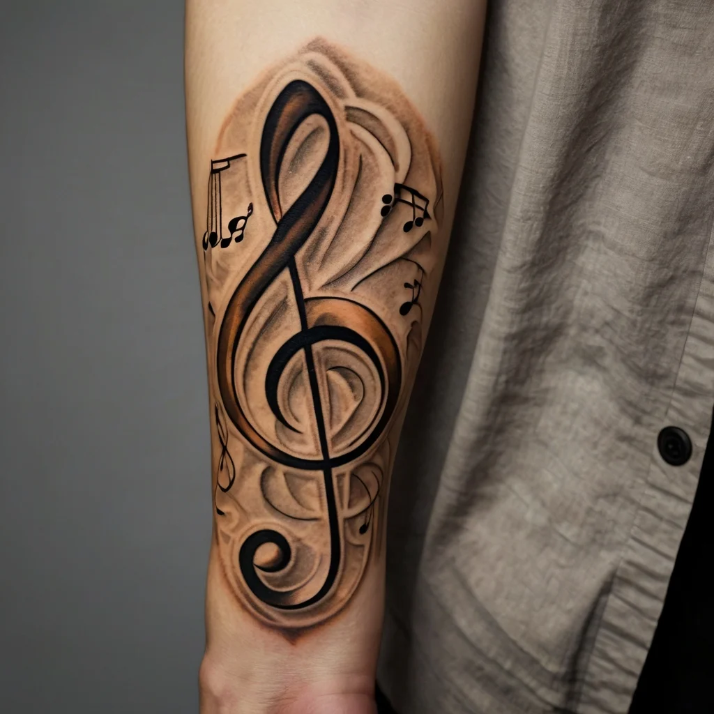 A bold treble clef tattoo with flowing musical notes, set against a shaded background on the forearm.