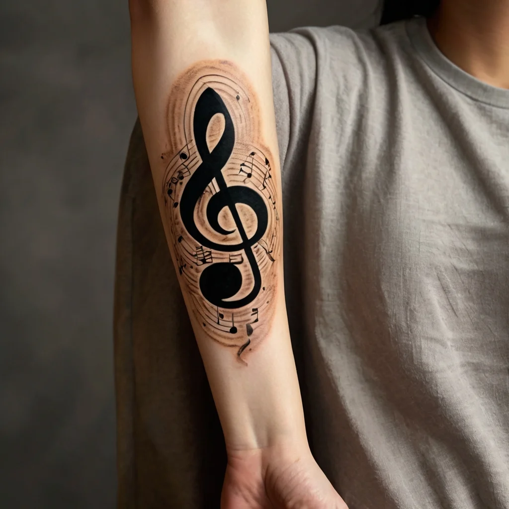 Tattoo of a bold black treble clef with intricate musical notes, surrounded by a subtle, swirling background.