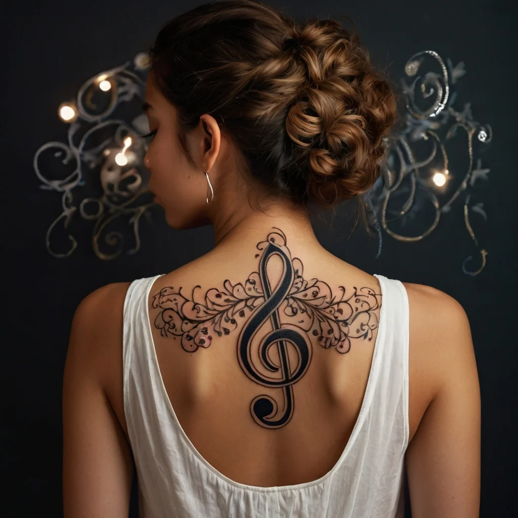 Tattoo of a large treble clef with intricate floral patterns across the upper back, blending music and nature themes.