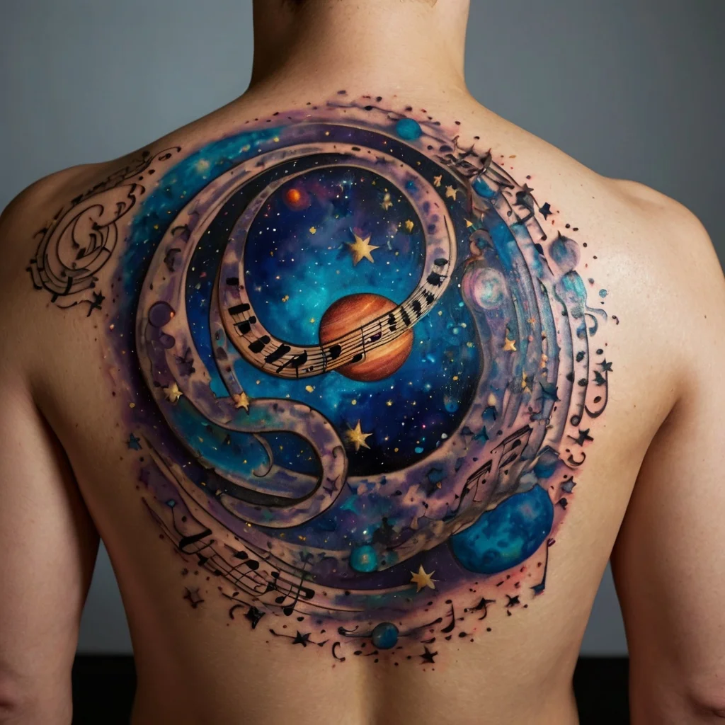 Tattoo of cosmic scene with musical notes spiraling around planets and stars, set against a vibrant galaxy backdrop.