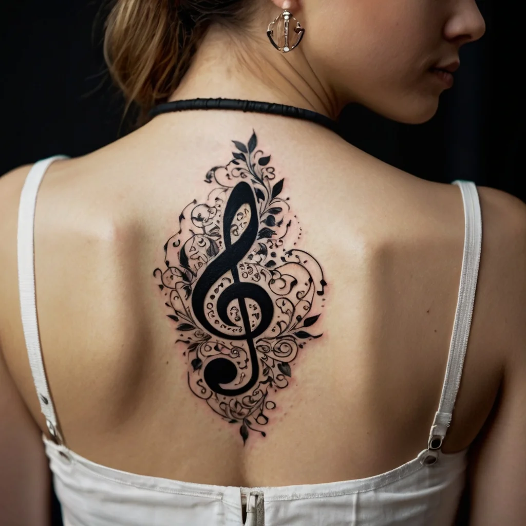 Tattoo of an ornate treble clef with intricate floral and vine patterns on the upper back, symbolizing musical passion.