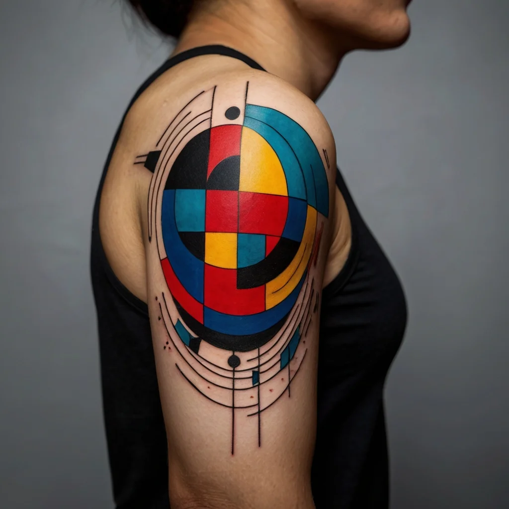 Tattoo with bold geometric shapes in red, blue, yellow, and black on the upper arm, featuring circular and linear patterns.