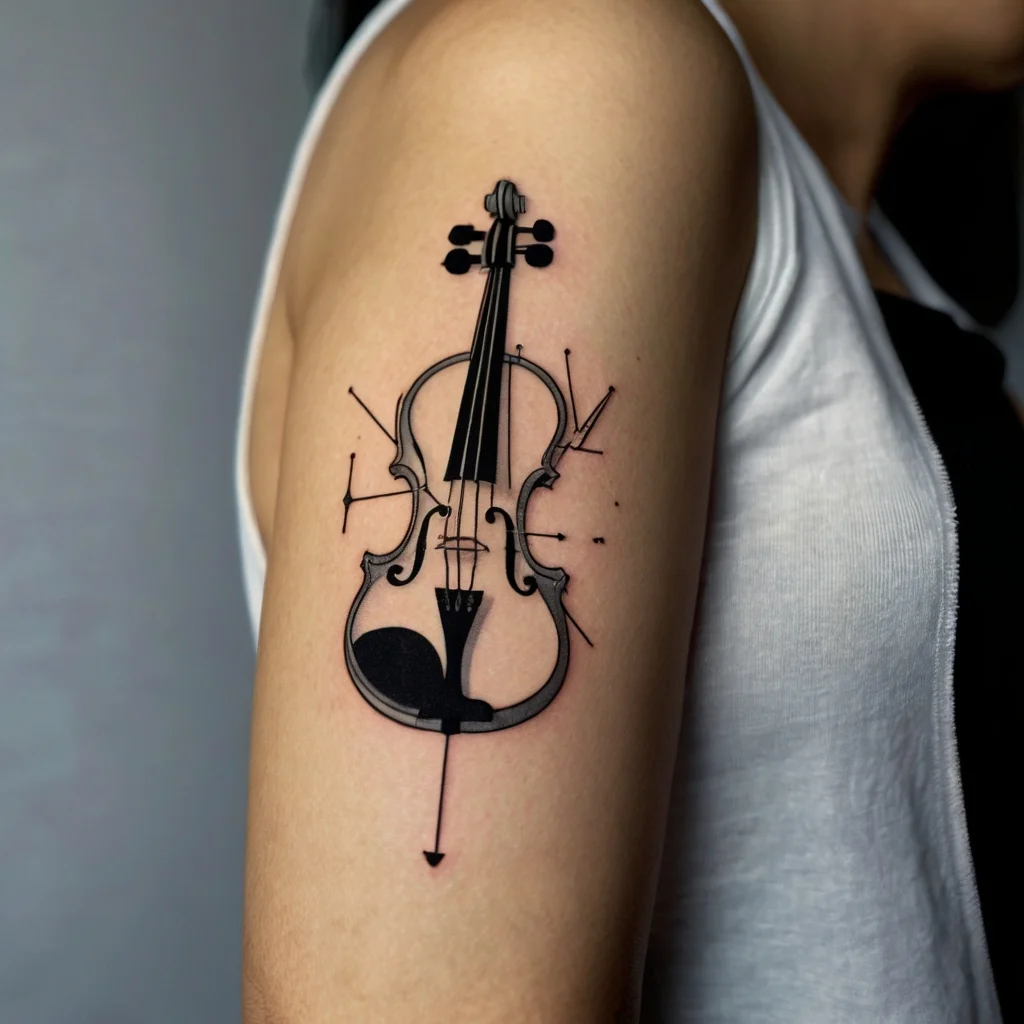 Tattoo of a stylized violin with geometric accents and bold lines on the upper arm, merging music and modern art.