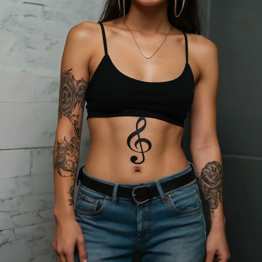 A bold treble clef tattoo on the abdomen, flanked by detailed black and gray floral designs on both arms.