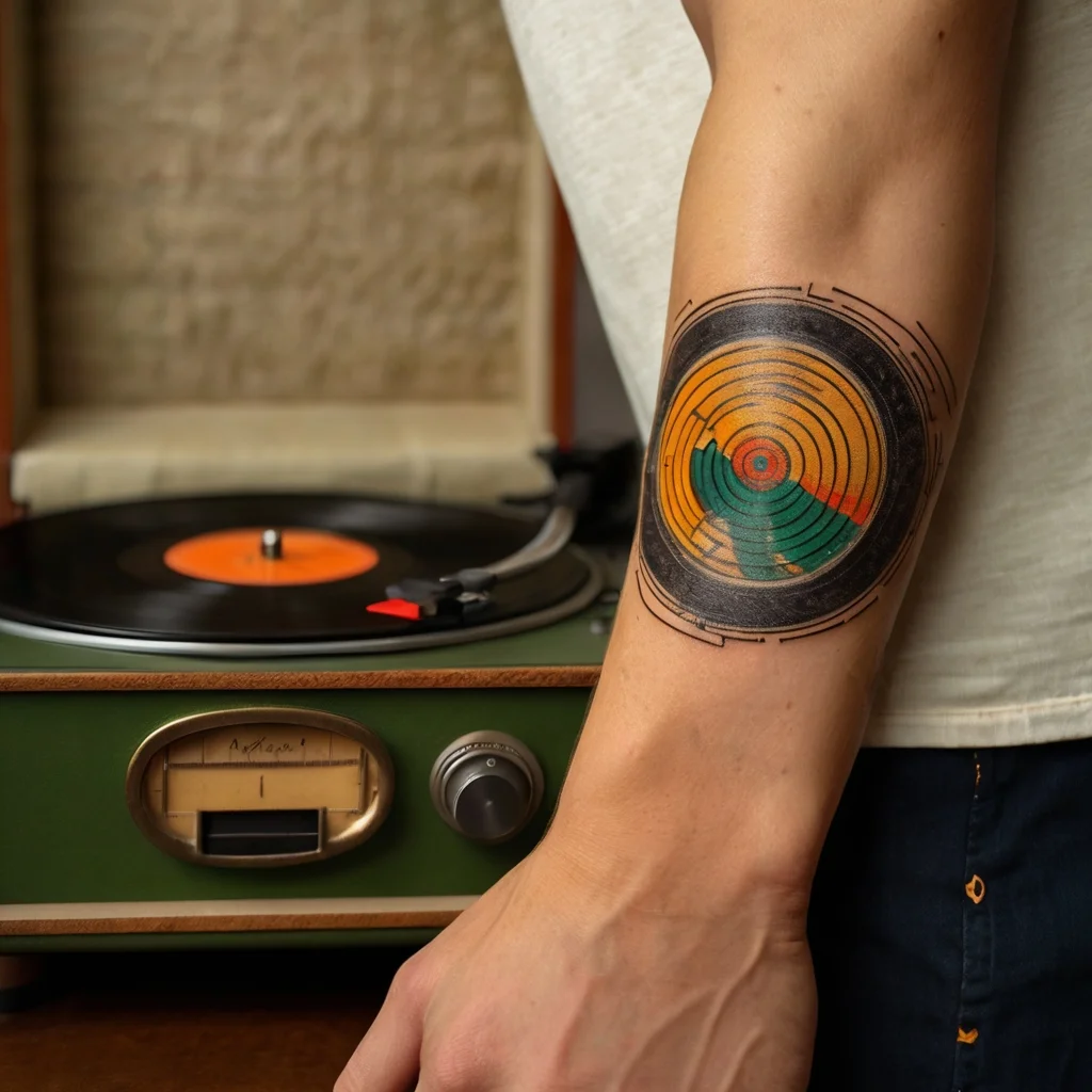 Tattoo of a vinyl record with vibrant orange and green concentric circles, symbolizing music and vintage style.