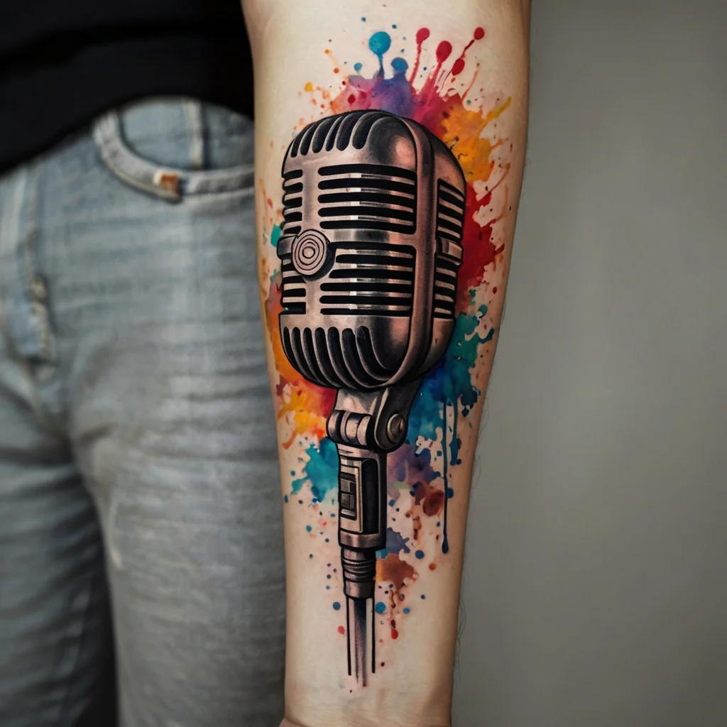 Vintage microphone tattoo with vibrant watercolor splashes in blue, red, and orange, symbolizing artistic expression.