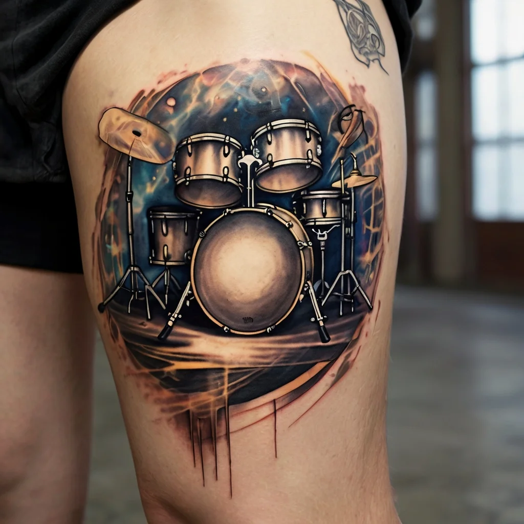 Realistic drum kit tattoo with vibrant colors, dynamic lighting, and background details, capturing musical passion.