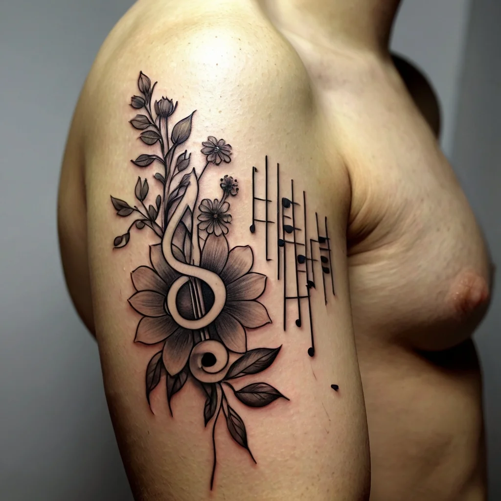 Tattoo of a treble clef entwined with flowers and leaves, accompanied by music notes on a staff on the upper arm.