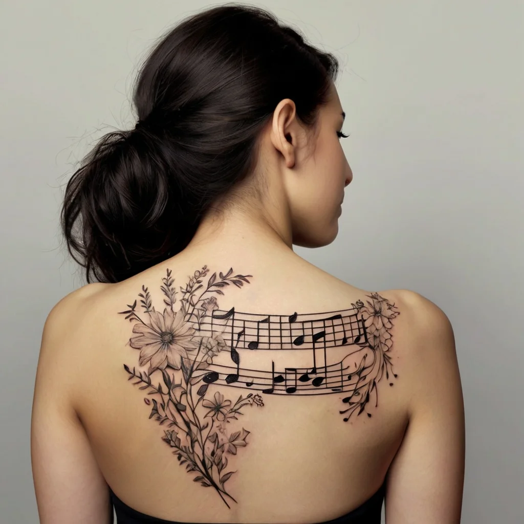 Tattoo of musical notes and sheet music intertwined with detailed floral designs on the upper back.