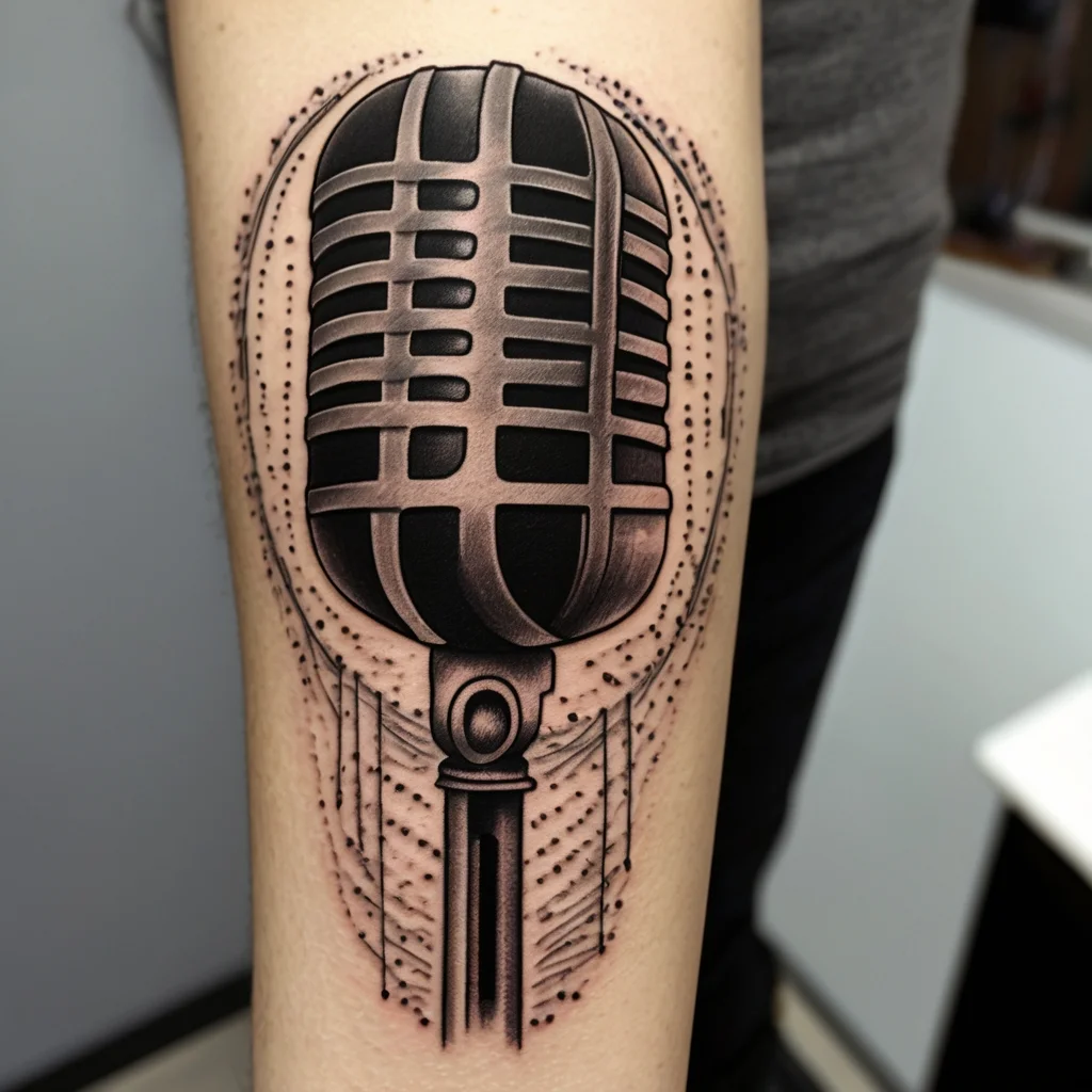 Tattoo of a vintage microphone in black and gray with dot shading, symbolizing love for music and classic style.