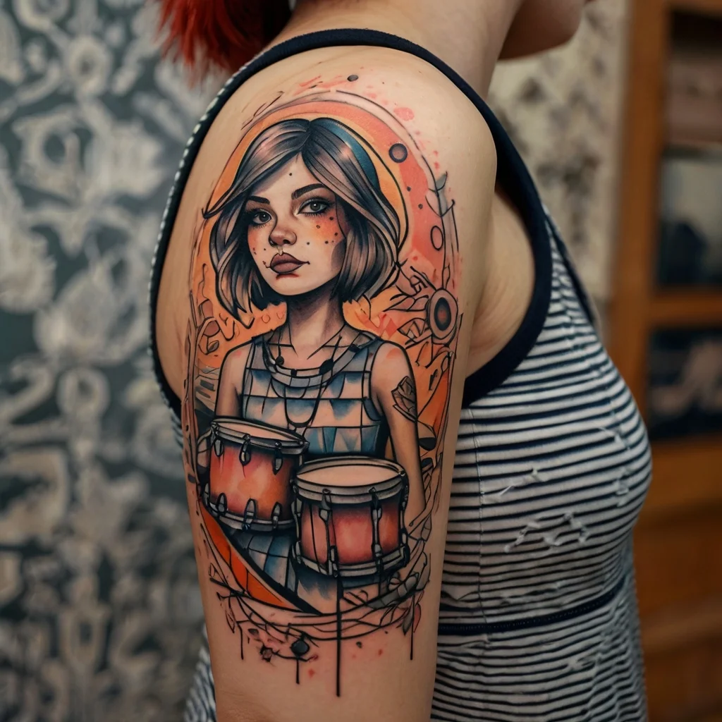 Colorful tattoo of a woman playing drums, surrounded by abstract elements, blending realism and geometric styles.