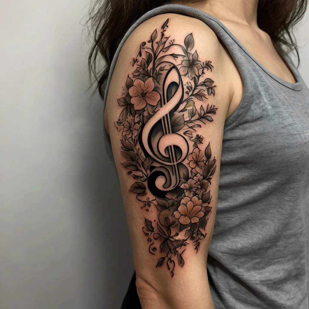 Floral tattoo with a large black treble clef entwined in detailed flowers and leaves on upper arm.