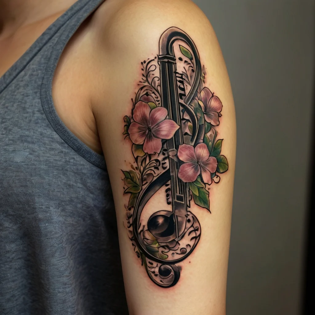 Treble clef tattoo entwined with pink flowers and swirling vines, symbolizing harmony and nature.