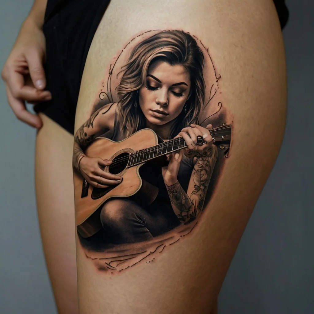 Realistic tattoo of a woman playing guitar, detailed shading, and intricate lines on the thigh, evoking musical passion.