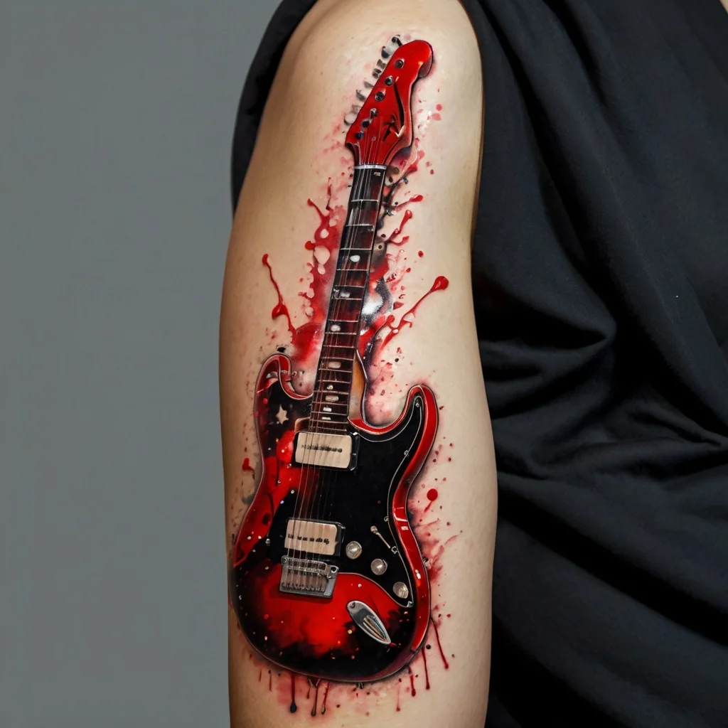 Tattoo of a red and black electric guitar with realistic splatter effect, on an arm, symbolizing musical passion.