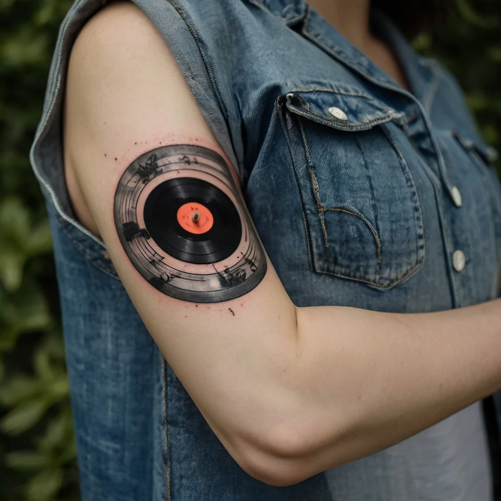 Tattoo of a vintage vinyl record with surrounding musical notes, skillfully inked in black and gray on the upper arm.