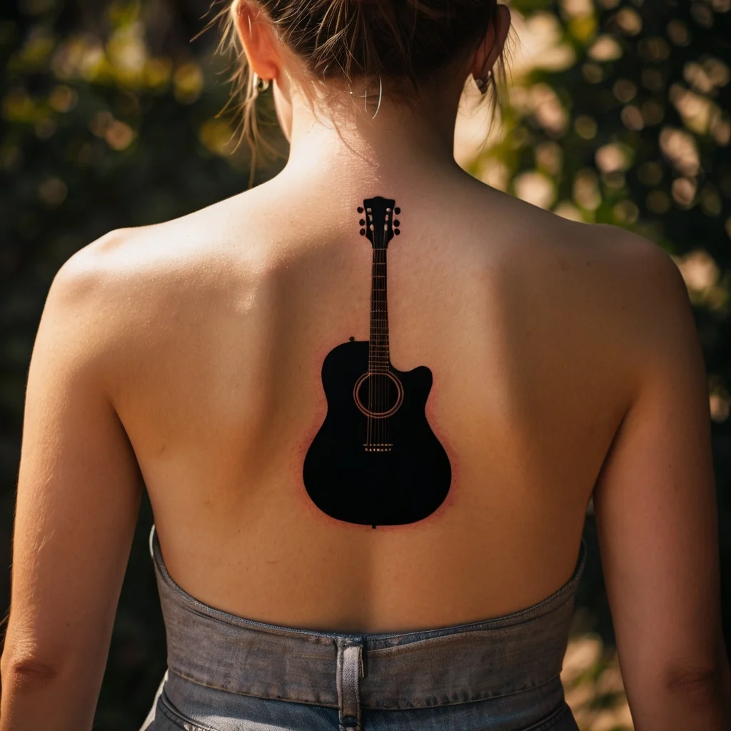 Tattoo of a black acoustic guitar, centrally aligned on upper back, symbolizing music passion and creativity.