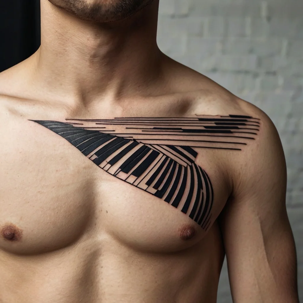 Tattoo of abstract piano keys and music lines wrapped around the chest, blending geometric and musical elements.