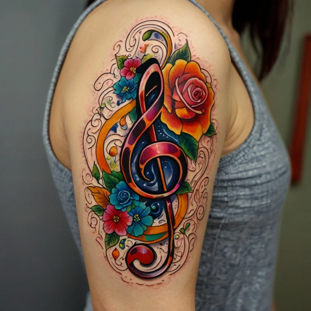 Colorful treble clef tattoo with vibrant roses, blue flowers, and swirling patterns on the upper arm.