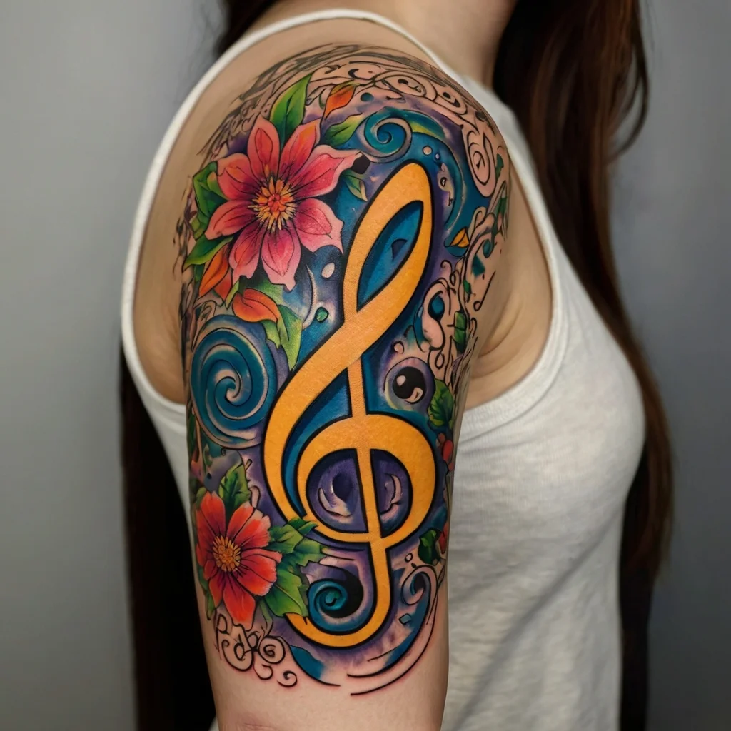 Colorful treble clef tattoo with vibrant red flowers and swirling blue accents, creating a harmonious musical design.