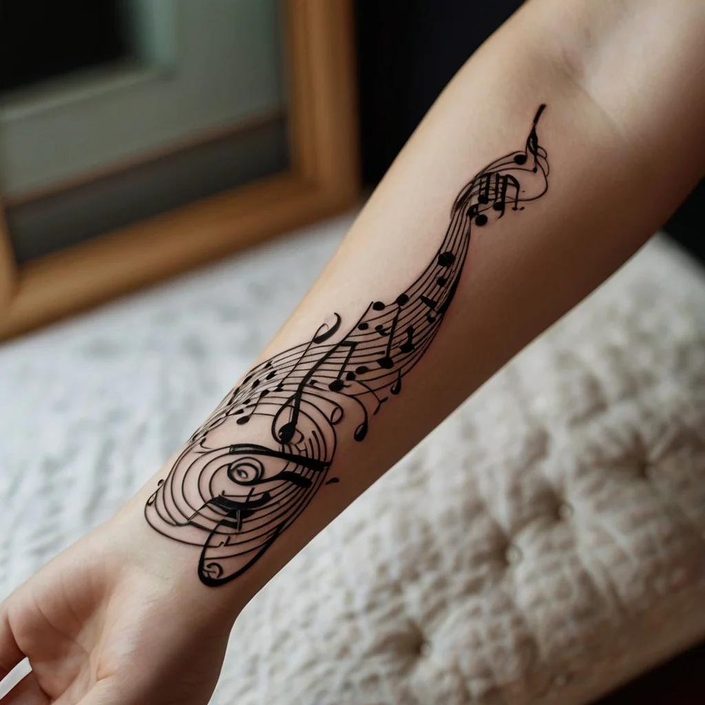 Tattoo of swirling musical notes and staves flowing elegantly up the forearm, creating a dynamic, melodic design.