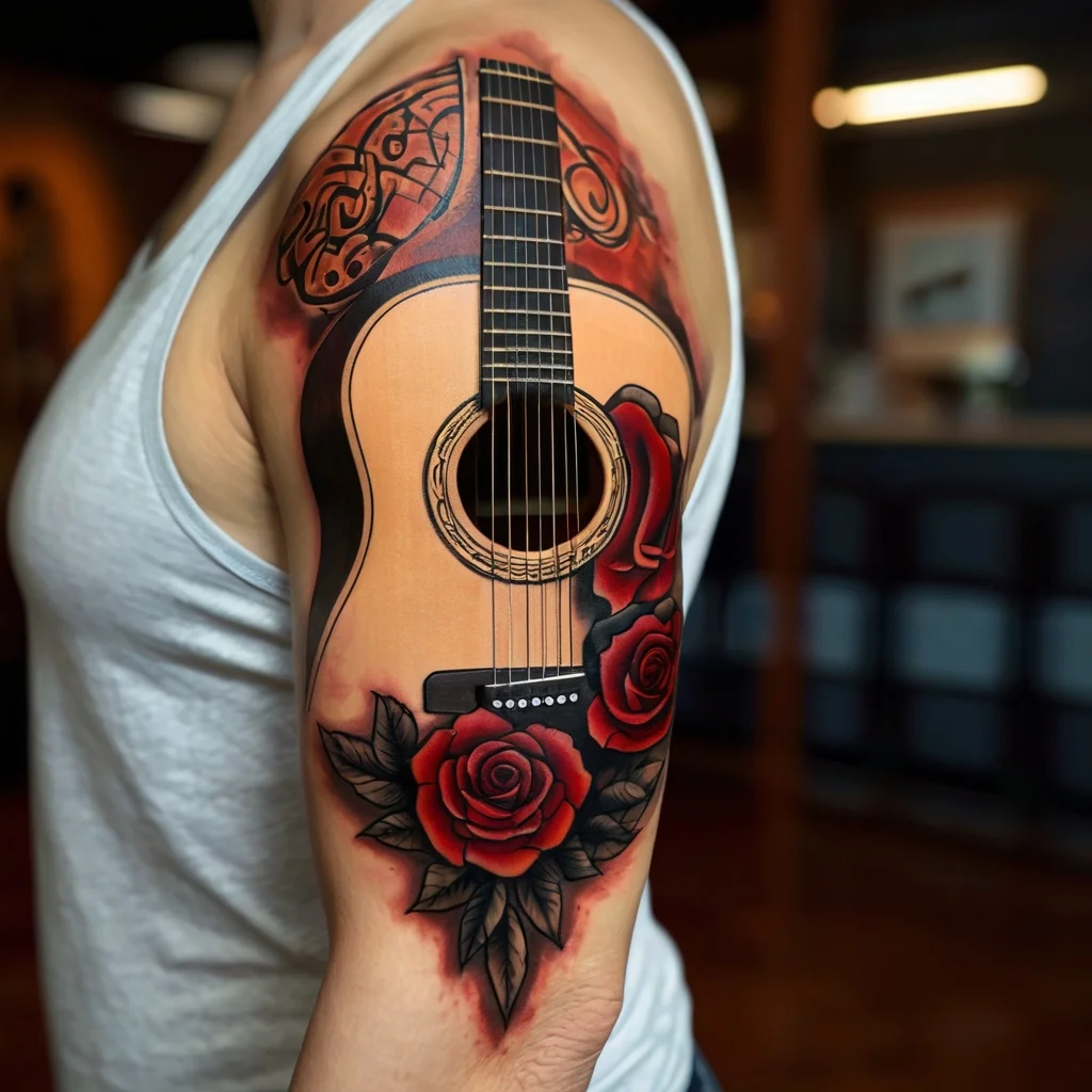 A detailed guitar tattoo with vibrant red roses and Celtic patterns on the shoulder, blending music and art.