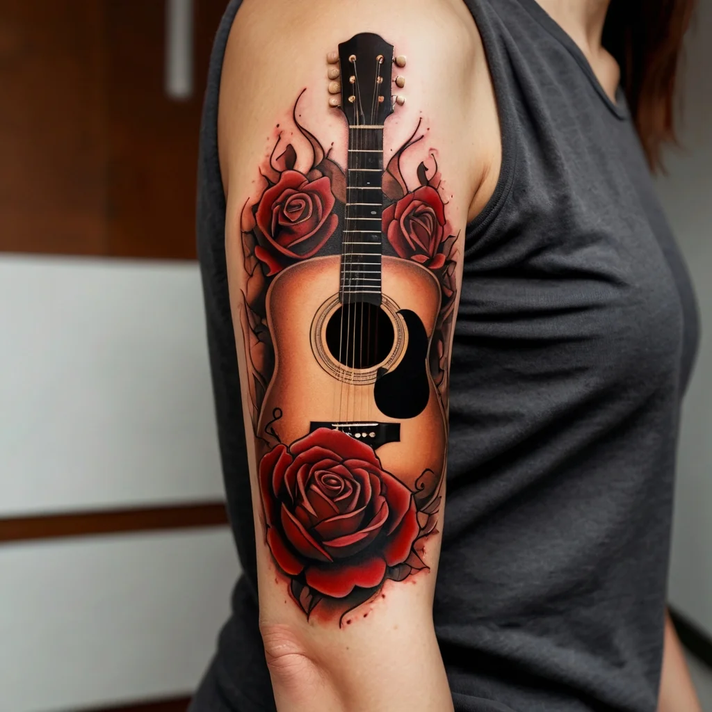 Tattoo of a realistic guitar with vibrant red roses entwined, symbolizing harmony and passion on the upper arm.