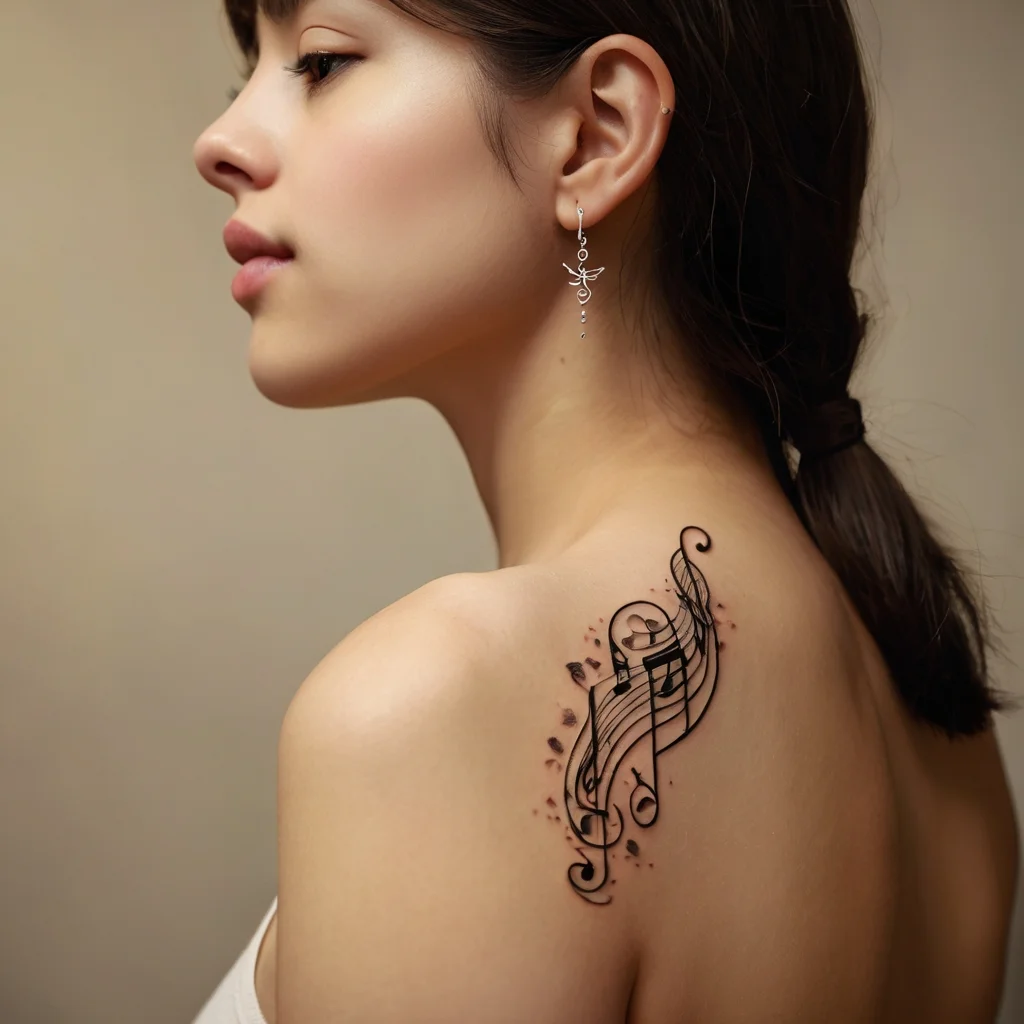 Elegant music-themed tattoo with swirling staff and notes on the shoulder, accented with subtle star details.