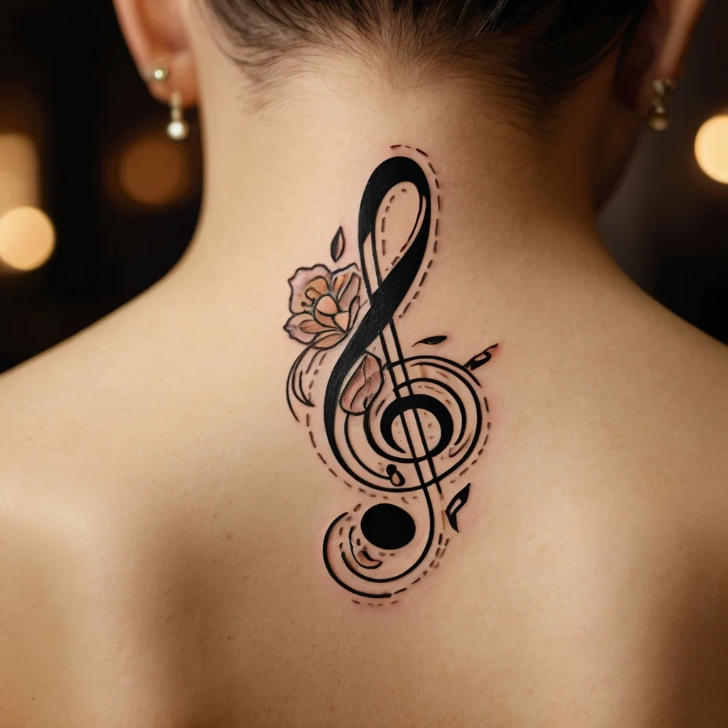 Treble clef tattoo with delicate flowers and musical notes intertwined on the upper back, symbolizing harmony and art.