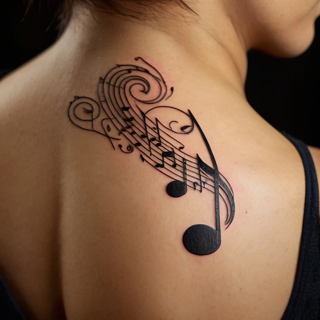 Tattoo of musical notes swirling from shoulder to back, with elegant lines and a prominent treble clef design.