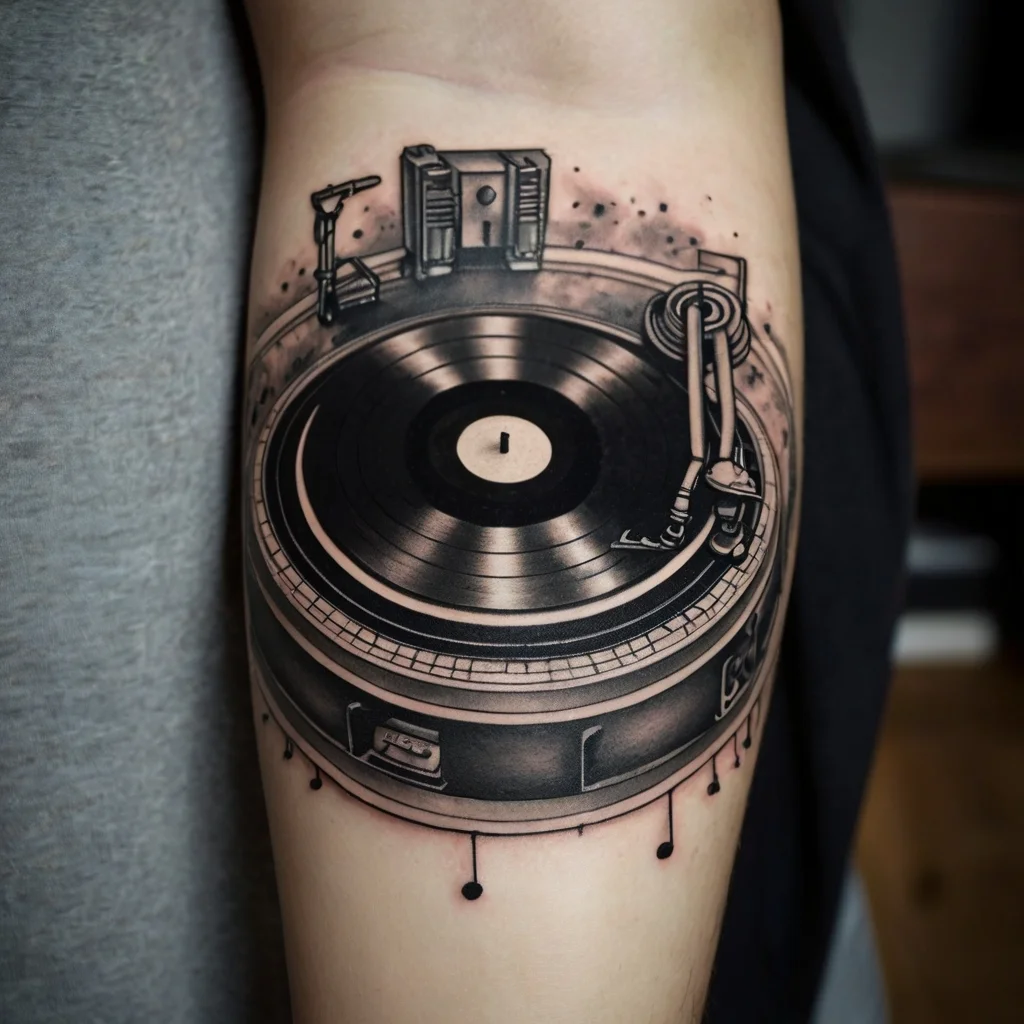 Black and gray tattoo of a detailed turntable on an arm, emphasizing depth and musical passion.