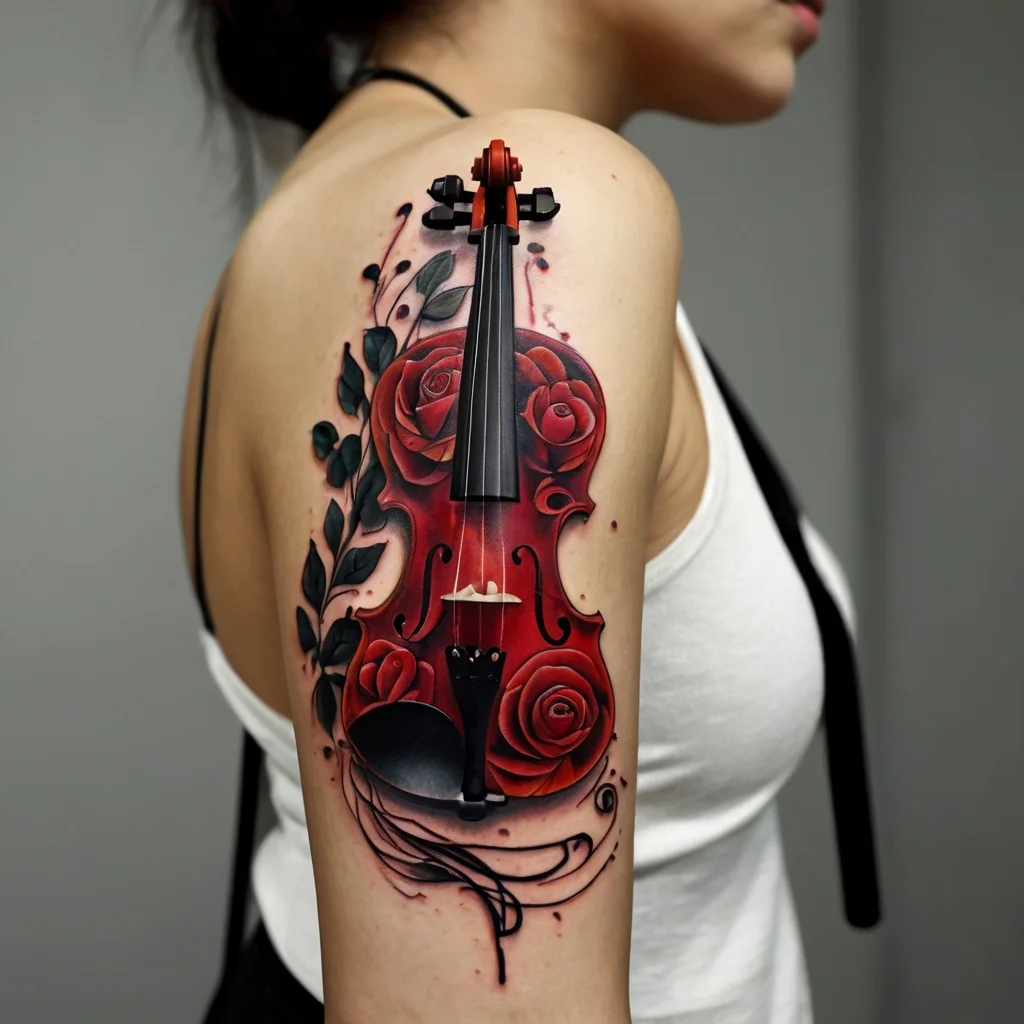 Tattoo of a violin with red roses and black leaves on an upper arm, blending music and nature in vibrant colors.