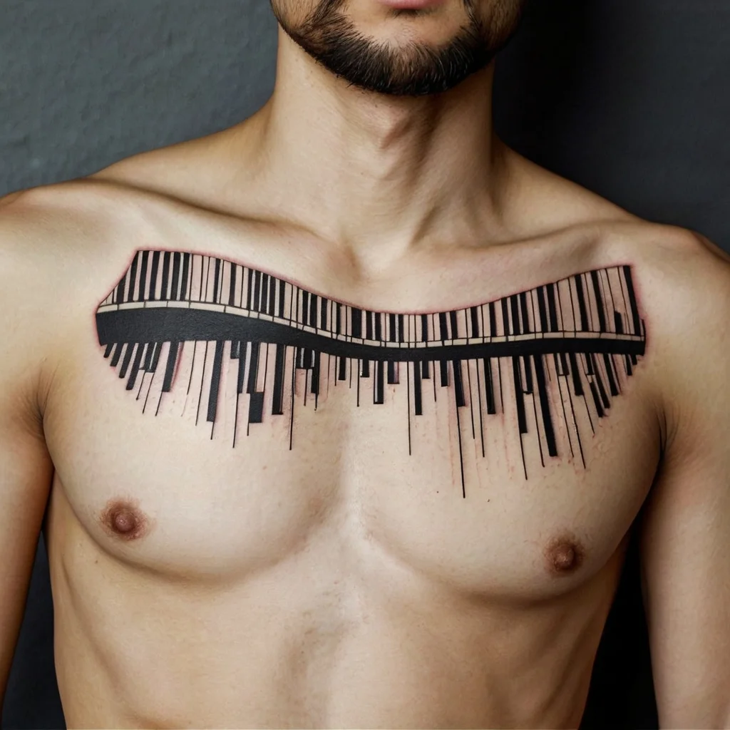 Tattoo of a stylized piano keyboard stretches across the chest, with abstract, elongated keys extending downwards.