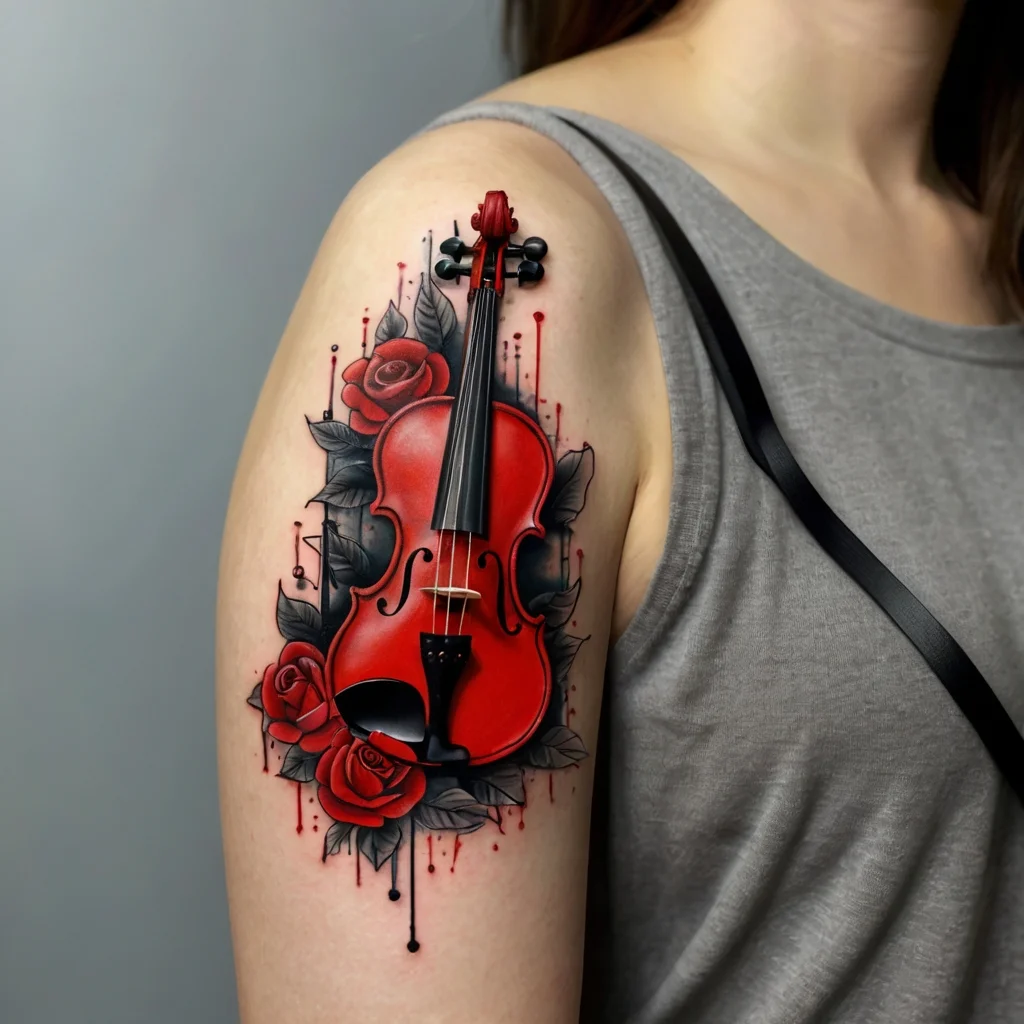 Tattoo of a red violin with roses and abstract lines on the upper arm, blending music and floral artistry.